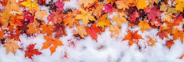 autumn maple leaves changing colors with frosty snow - changing seasons from autumn to winter