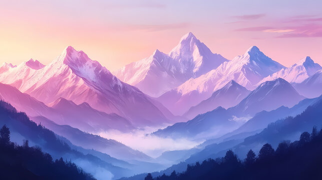Majestic himalayan mountains at dawn during autumn with snow-capped peaks and misty valleys. Himalayan Mountains. Illustration