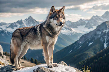 Naklejka premium A Lone Wolf Standing on a Mountain Peak