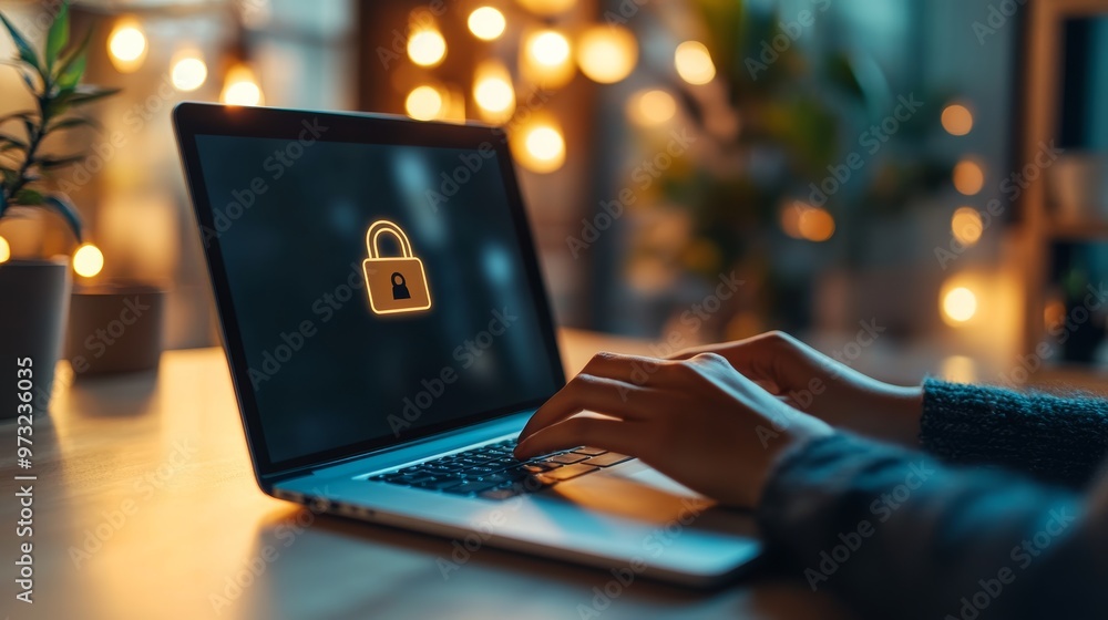 Poster Hands on a laptop keyboard with a glowing lock icon on the screen, representing cybersecurity and secure online access. Emphasizing digital security in personal and professional settings.