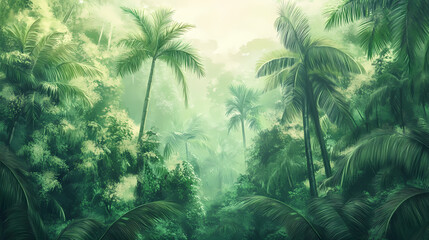 Panorama of dense jungle, wild forest with palm trees and tropical plants. landscape of green wilderness, thick, theme of adventure, nature and rainforest. Amazon Rainforest. Illustration