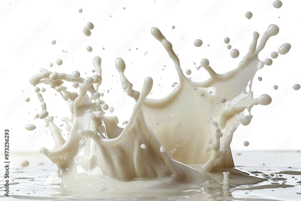 Poster a close-up shot of a splash of milk on a white surface, suitable for use in food or beverage-related