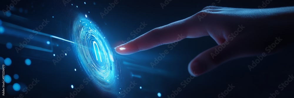 Aufkleber finger pressing a glowing lock icon on a digital interface, symbolizing secure access. concept of en