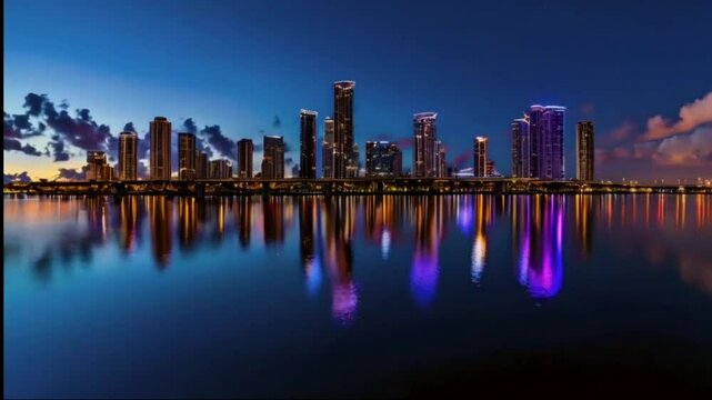 Time lapse pan of the Miami skyline at night