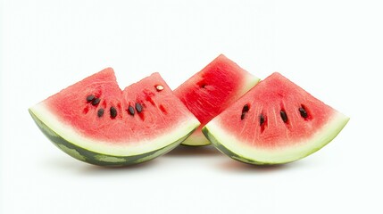 Three slices of watermelon, red flesh, black seeds, green rind, isolated on white background.
