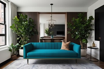 Modern Teal Bench Surrounded by Greenery in a Chic Urban Apartment Interior