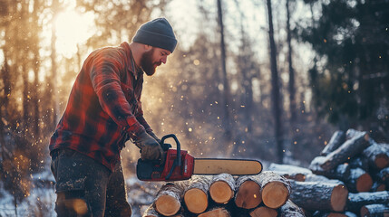 Professional Lumberjack Chopping Wood in a Forest