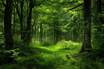 Obraz premium A dense forest with numerous green trees and foliage