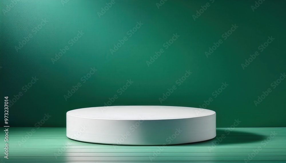 Aufkleber minimalist white circular platform on a textured green wall background with subtle shadows, ideal fo