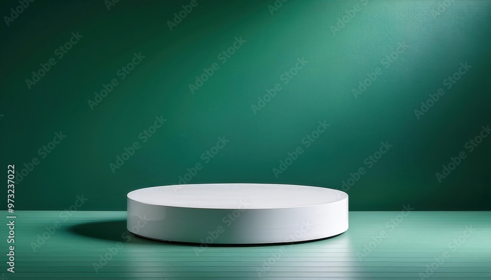 Aufkleber minimalist white circular platform on a textured green wall background with subtle shadows, ideal fo