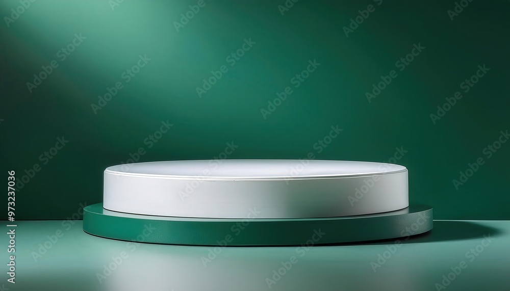 Aufkleber minimalist white circular platform on a textured green wall background with subtle shadows, ideal fo