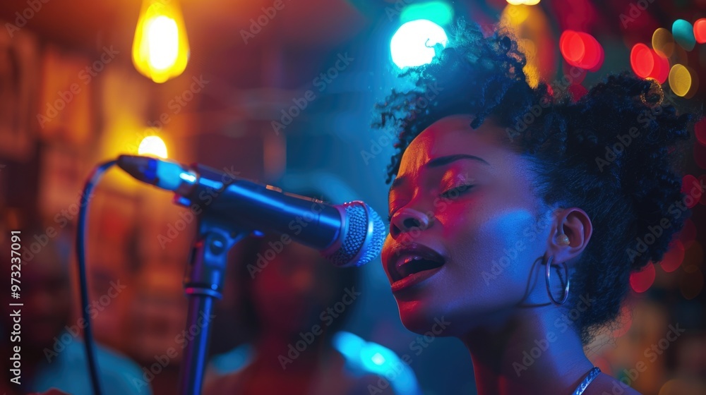 Poster a woman singing into a microphone in front of a crowd, perfect for music-related projects or event p