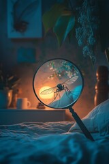 Mosquito under a magnifying glass, flying in a bedroom with a modern interior in the background. Concept of pest control, insect infestations, and the need for mosquito prevention in indoor spaces.