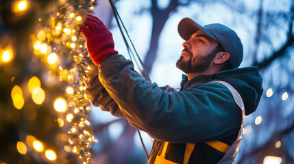 Lighting Technician Setting Up Festive Outdoor Displays for a Winter Festival