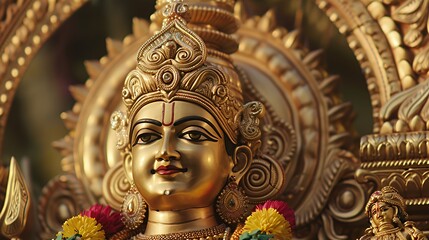 Close-up of a golden statue of a Hindu deity with intricate details and a serene expression.