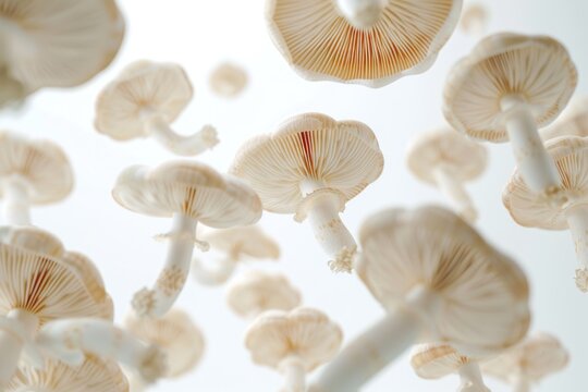 A cluster of mushrooms suspended in mid-air, appearing as if they're defying gravity - Powered by Adobe