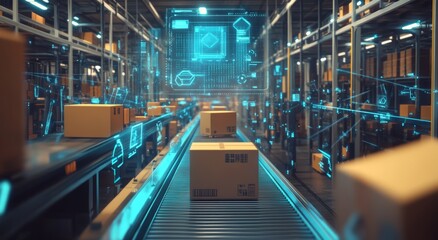 Fototapeta premium Digital rendering of cardboard boxes on a conveyor belt with digital, tech, and data icons overlaying the scene.