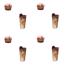 Seamless watercolor pattern with glasses of coffee and cupcakes. Watercolor illustration on white background. For wrapping paper, packaging, printing