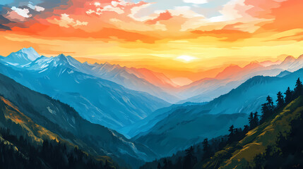 Fototapeta premium Sunrise over the himalayan mountains in manali, india, sunrise, landscape, view, manali, india, himalayas, mountains. Himalayan Mountains. Illustration