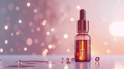 Bottle of collagen skin serum with vitamins on a white surface with droplets, bright lighting, clean background