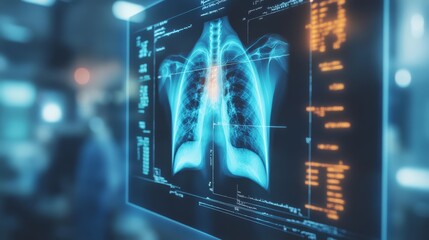 A chest X ray featuring advanced AI generated annotations for analyzing lung conditions