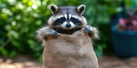 raccoon holding sack over his shoulder, getting away 