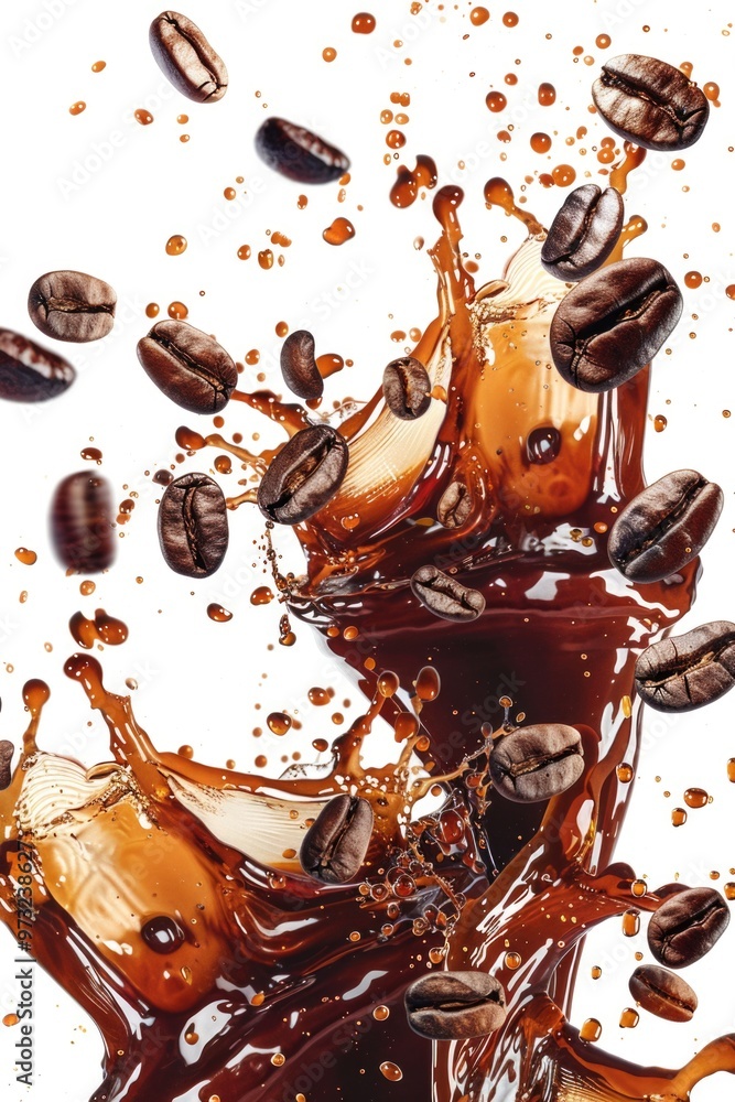 Poster a cup of coffee with a few coffee beans floating on the surface