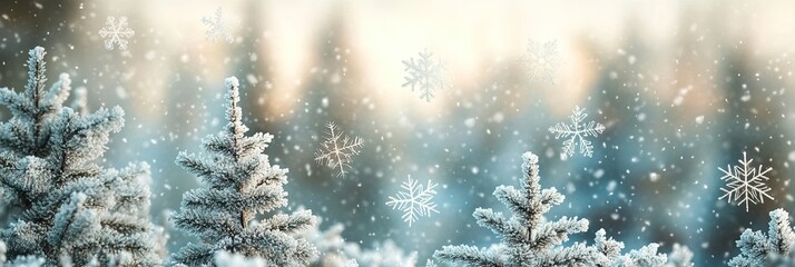 falling snowflakes in front of blurry snow forest trees