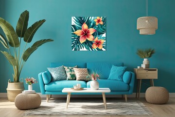 Aqua Blue Tropical Flower Wall Print for Vibrant Boho Decor and Fresh Home Accents