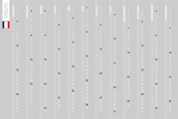 One-row vertical calendar for the year 2025 in French. French calendar for 2025 with highlighted Sundays.