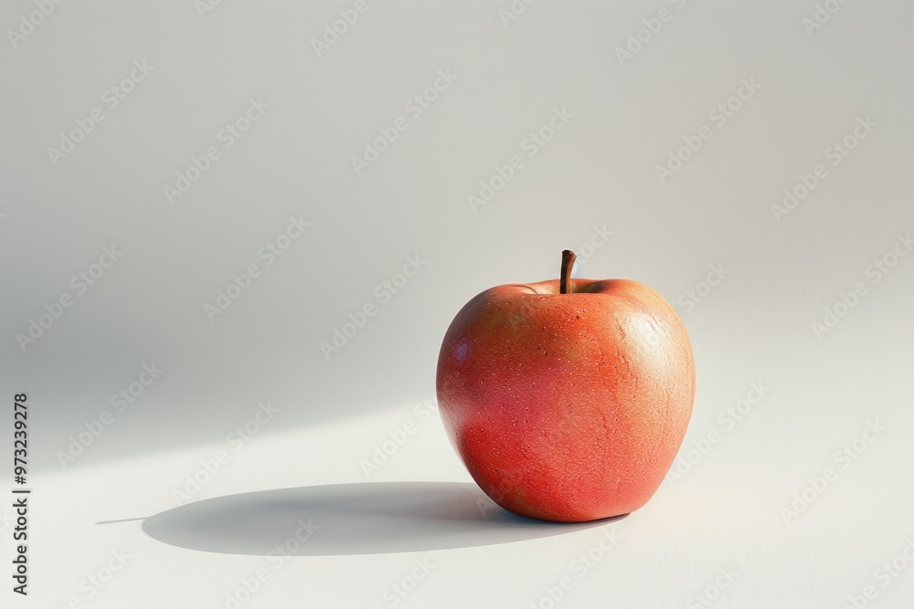 Poster a single red apple sits atop a clean and simple white surface, perfect for use in food or product ph