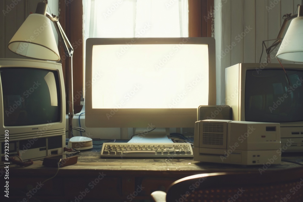 Aufkleber a typical office setup with a computer, monitor, keyboard, and mouse