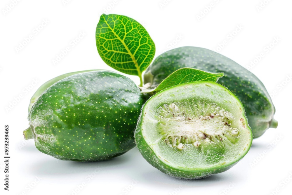 Poster a close-up shot of two green fruits with leaves, suitable for use in food or nature-related contexts