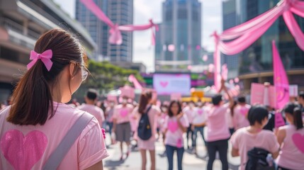 Breast Cancer Awareness Event in City Square with Pink Ribbons and Enthusiastic Participants