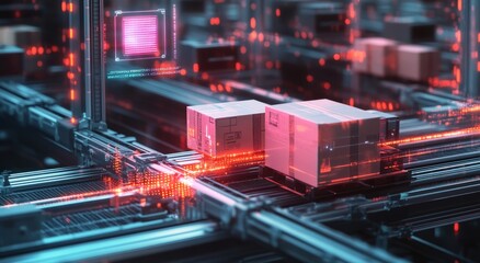 Obraz premium Digital rendering of cardboard boxes on a conveyor belt with digital, tech, and data icons overlaying the scene.