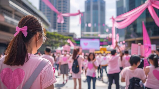 Breast Cancer Awareness Event in City Square with Pink Ribbons and Enthusiastic Participants