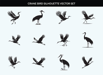 Black Silhouette of Crane Bird - Editable Vector on Transparent Background