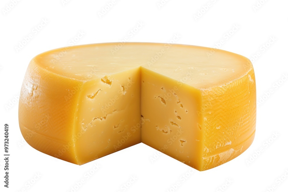 Poster A piece of cheese with a chunk taken out, great for demonstrating cheese consumption or adding to a snack plate