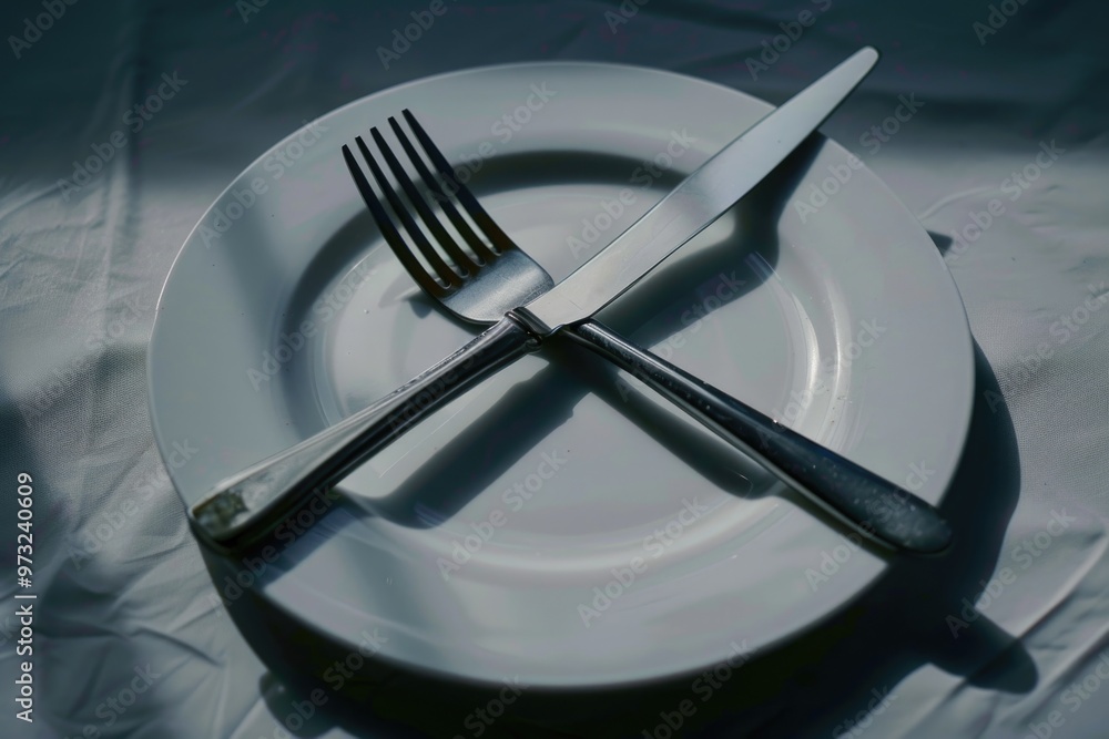 Poster a clean and simple white plate with a fork and knife placed on top, perfect for a formal dinner sett