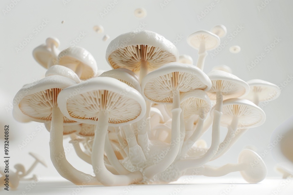 Poster close-up of various mushroom species arranged on a tabletop