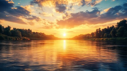 Obraz premium Golden hues envelop the river as the sun sets casting a serene glow over the landscape