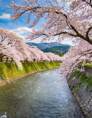 Cherry Blossoms in Full Bloom Along a River in Kyoto, Japan