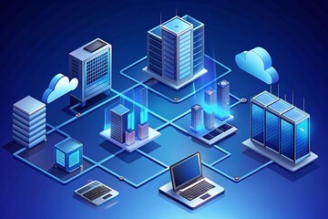 An illustration of cloud computing infrastructure, showing interconnected servers, data centers, laptops, and cloud icons in a futuristic, blue-toned digital environment. The design emphasizes connect