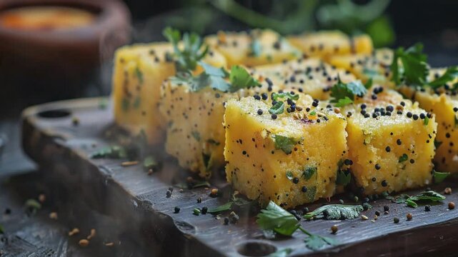Dhokla on the table moves with smoke around