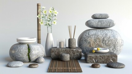 A table set with decorative vases and stones, perfect for home decor or photography props