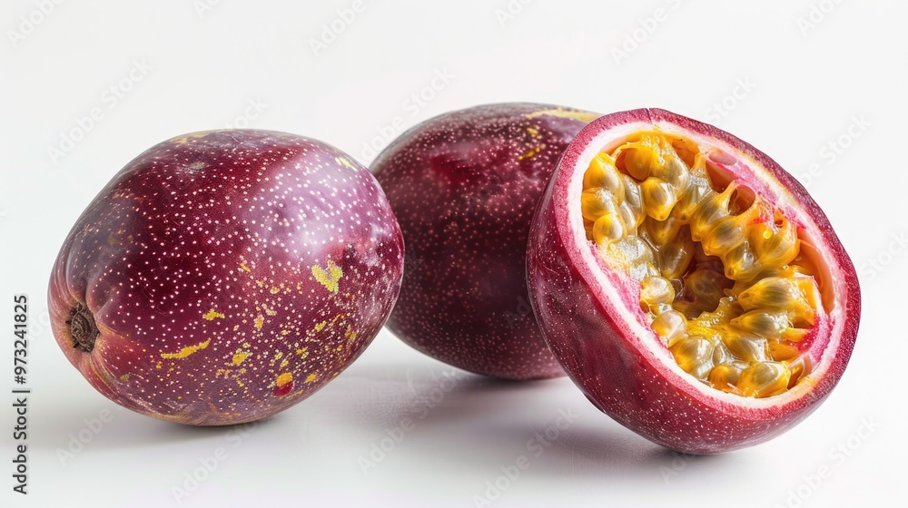 Wall mural Fresh slices of passion fruit on a white surface, perfect for food photography and cooking illustrations