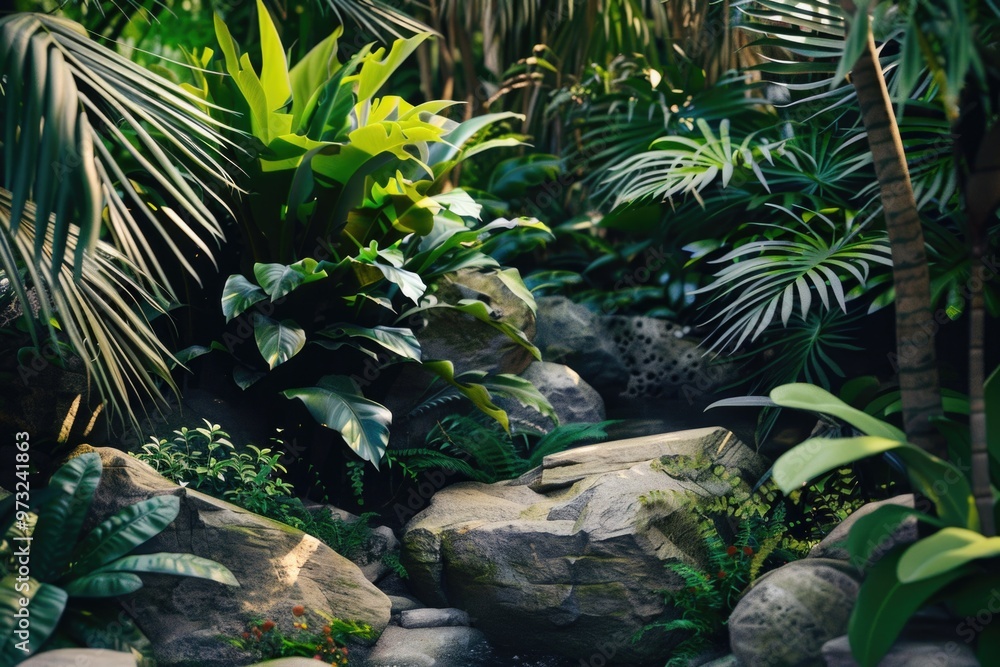 Poster a serene and natural scene of a stream running through a lush green forest, perfect for use in envir