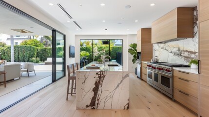 Chic kitchen design with light wood cabinetry, stainless steel appliances, and a marble island with a built-in sink. 
