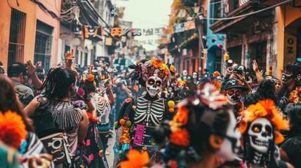 Fototapeta premium Colorful Day of the Dead Parade with Skeleton Makeup Performers and Celebrating Crowds