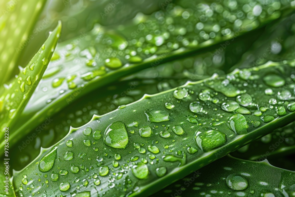 Poster close-up image of water droplets on a leaf, great for illustrating nature and microscopic concepts